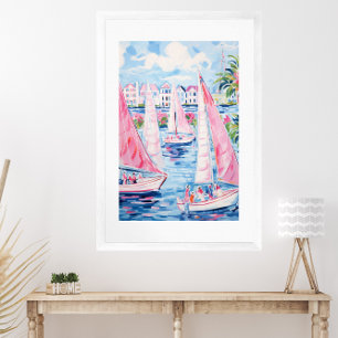 Poster Barcos de Navegação Rosa-Rosa Tropicais
