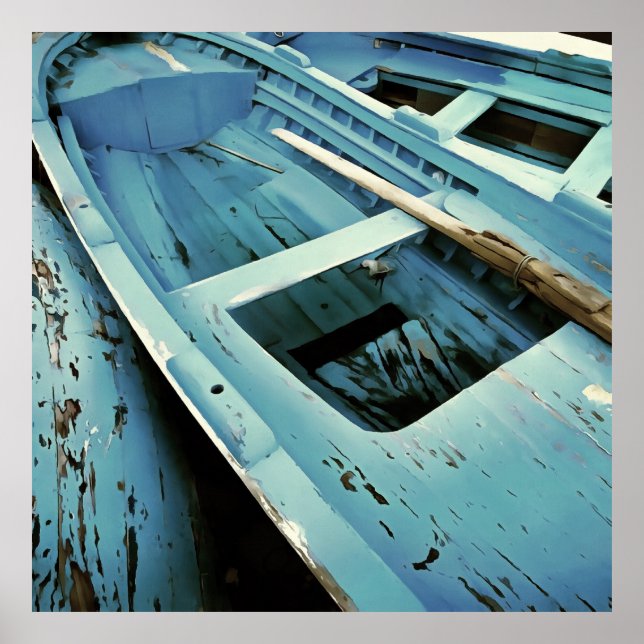 Poster Barcos De Pesca De Madeira Rústica Pintada De Azul (Frente)