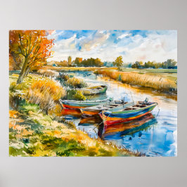 Poster Barcos Descansando pelo Rio Havelland Aquarela 