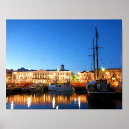 Póster Barcos na Praça do Mercado de Helsínquia à noite