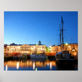 Póster Barcos na Praça do Mercado de Helsínquia ao anoite