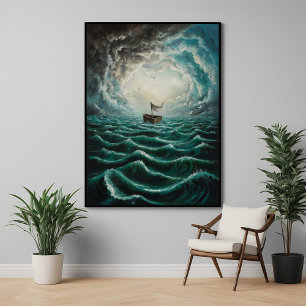 Póster Barcos Solitários na Paisagem Turbulenta do Oceano
