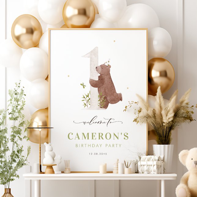 Poster Barramento de Aquarelas Woodland Primeiro Aniversá (Criador carregado)