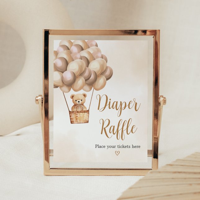 Poster Barras Marrons Balão de Ar Quente Raffle Fralda Be (Boho Brown Bear Baby Shower Diaper Raffle Sign)