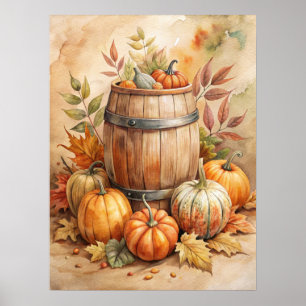 Poster Barrica de Aquarela com Abóboras de Outono