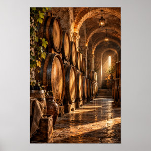 Poster Barris de Vinho de Carvalho Antigo em Porão de Ped