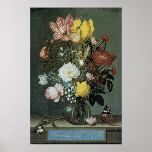 Poster Barroco Antigo, Buquê de Flores em Vaso de Vidro (Frente)