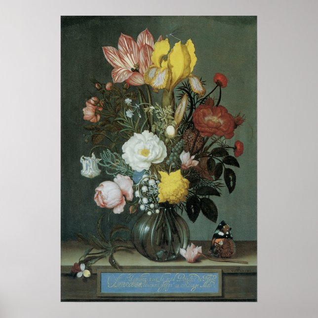 Poster Barroco Antigo, Buquê de Flores em Vaso de Vidro (Frente)