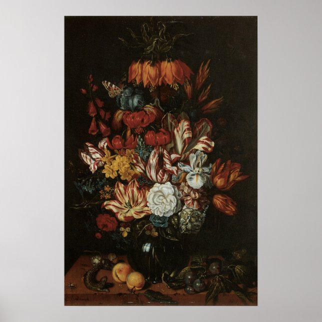 Póster Barroco Antigo, Natureza-Morta Floral Flores em Va (Frente)