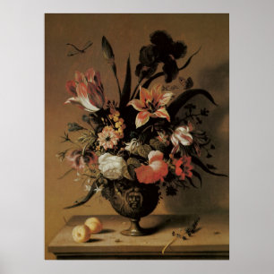 Póster Barroco Antigo, Natureza-Morta Floral Flores em Va