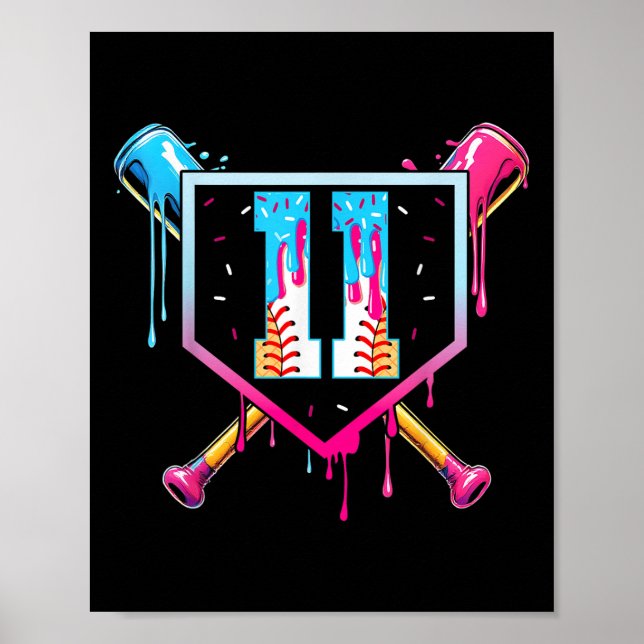 Poster Baseball 11 Year Old Ice Cream Drip 11th Birthday  (Frente)