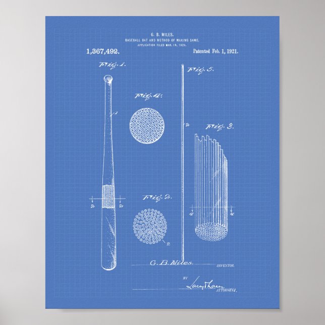 Póster Baseball Bat 1921 Patent Art - Blueprint (Frente)