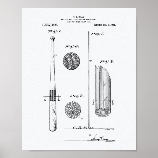 Poster Baseball Bat 1921 - Patent Art - White Paper (Frente)
