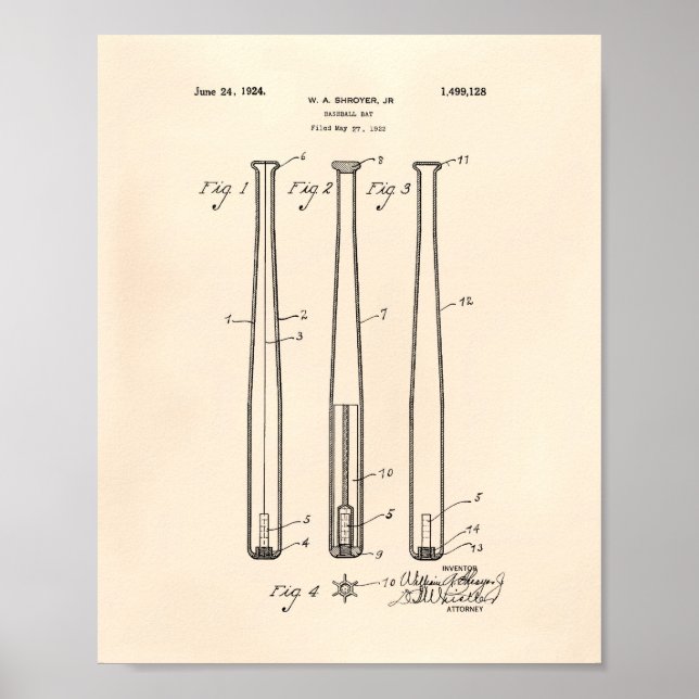 Póster Baseball Bat 1924 Patent Art - Old Peper (Frente)