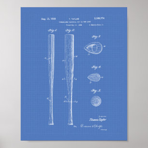Póster Baseball Bat 1939 Patent Art - Blueprint