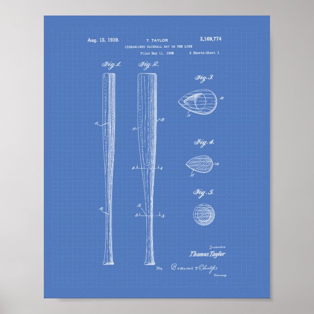 Póster Baseball Bat 1939 Patent Art - Blueprint (Frente)