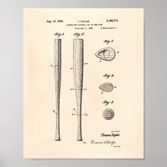 Póster Baseball Bat 1939 Patent Art - Old Peper (Frente)