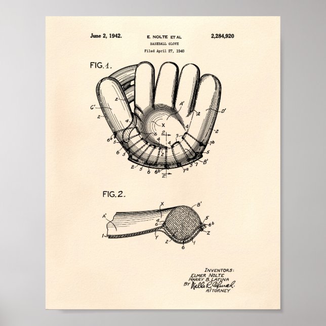 Póster Baseball Glove 1942, Arte Patente, Antigo Peper (Frente)