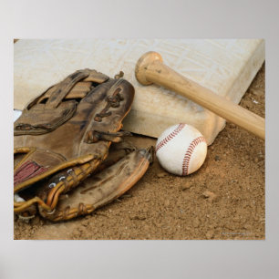 Póster Basebol, luva, e bastão na base