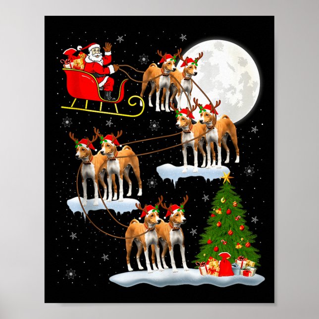 Poster Basenji Dog Santa Sleigh Flying Funny Magical Chri (Frente)