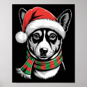 Poster Basenji Dog Xmas Santa Hat Scarf Costume De Natal