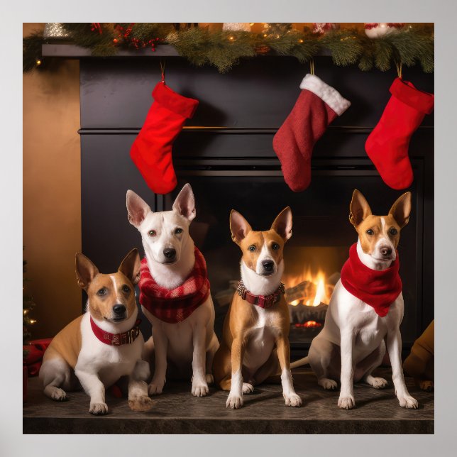 Poster Basenji em frente à Lareira Natal (Frente)