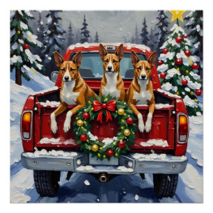 Póster Basenji Natal Caminhão Vermelho Férias