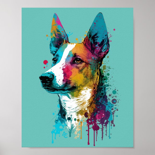 Poster Basenji - Splash de Tinta Néon de Grafite (Frente)