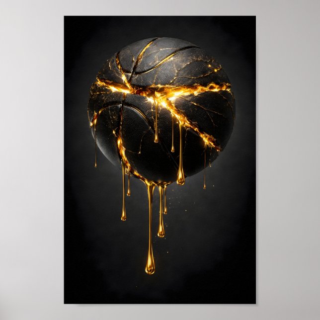 Poster Basquete Preto Rachado com Ouro Líquido Gotejando (Frente)