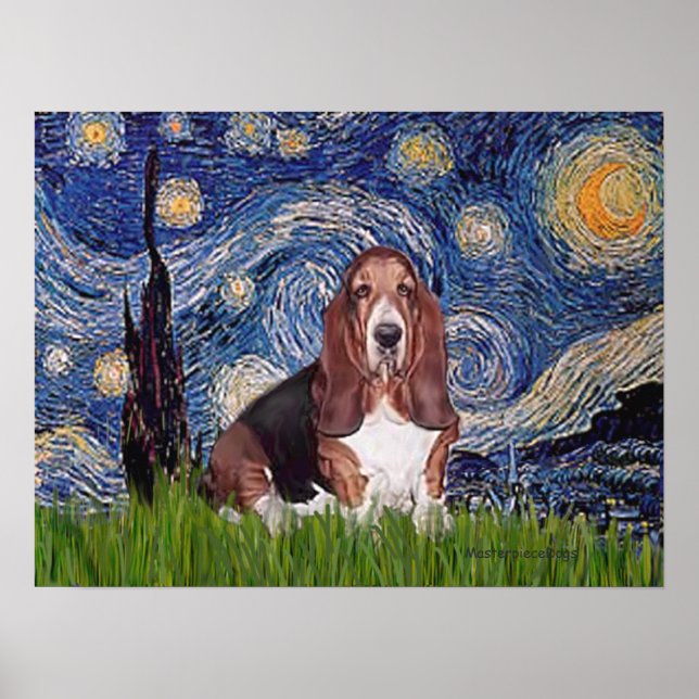 Póster Basset 1 - Noite Estrelada (Frente)