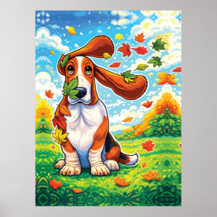 Poster Basset Hound Brincalhão Folhas de Outono Cartoon