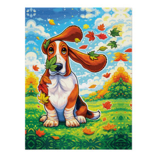 Póster Basset Hound Brincalhão Folhas de Outono Cartoon