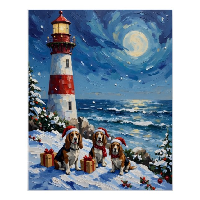 Póster Basset Hound Christmas Lighthouse Holiday (Frente)