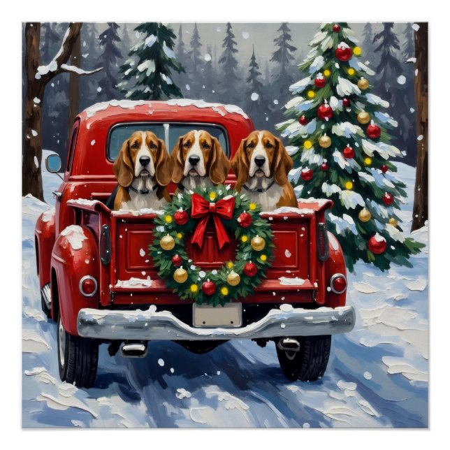 Póster Basset Hound Christmas Red Truck Holiday (Frente)