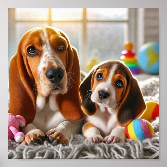 Poster Basset Hound e seu filhote (Frente)