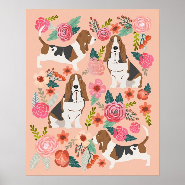 Poster Basset Hound Florals - Arte Canina (Frente)