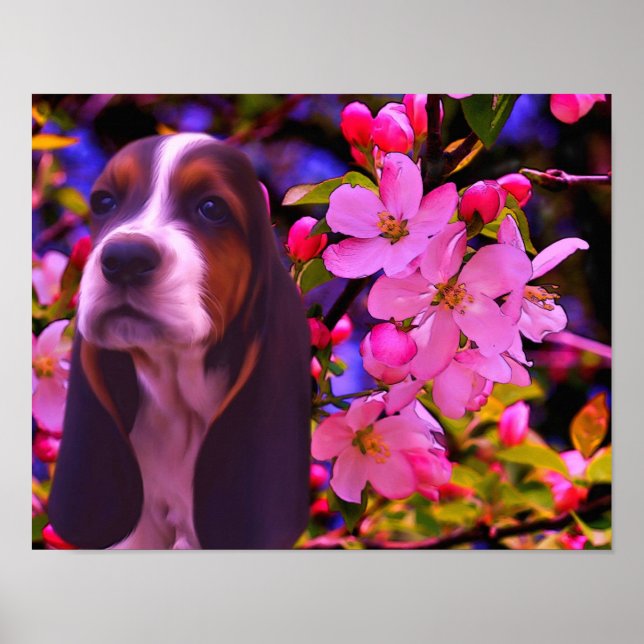 Póster Basset Hound Puppy Blossomo Dog Art (Frente)