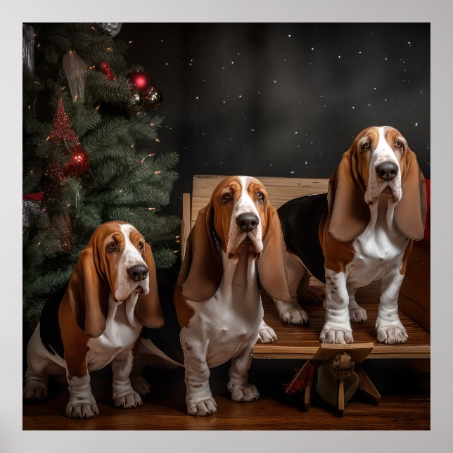 Poster Basset Hound Snowy Sleigh Decência de Natal (Frente)
