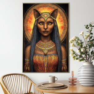 Poster Bastet Deusa Gata Egípcia Arte Dourada Marrom