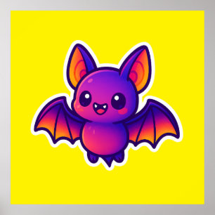 Poster Bat de Cartoon Bonito com Asas Roxas Vibrantes e G