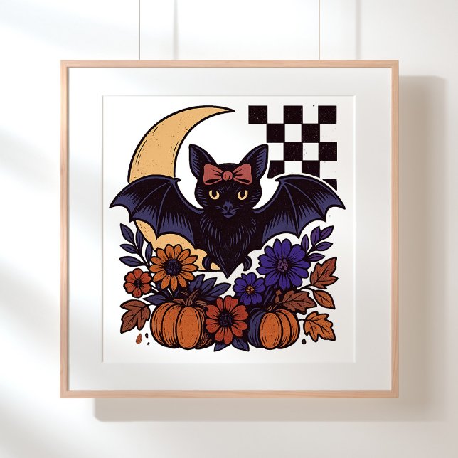 Poster Bat De Halloween Com Estética Gótica Da Lua (This retro Halloween bat design captures spooky charm with a gothic twist.)
