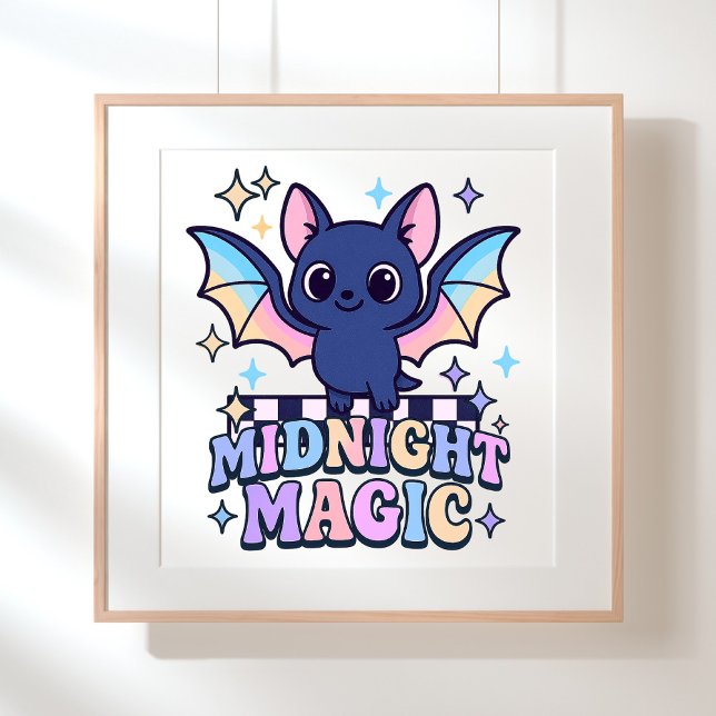 Poster Bat e Checkerboard do Cute do Halloween do Pastelc (The midnight magic kawaii bat design shines with retro pastel charm.)