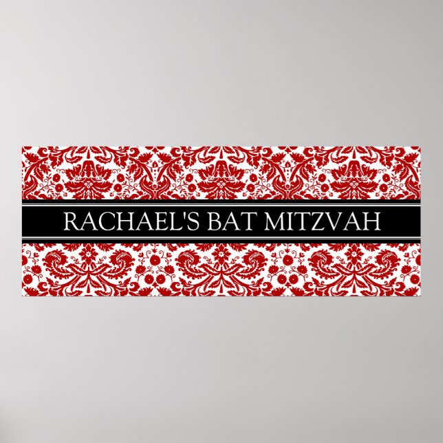 Poster Bat Mitzvah Custom Name Banner Red Damask (Frente)