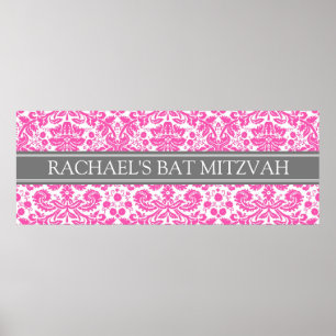 Póster Bat Mitzvah Custom Name Banner Rosa Damask