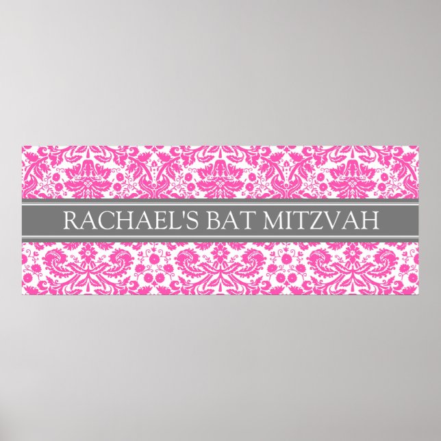 Póster Bat Mitzvah Custom Name Banner Rosa Damask (Frente)
