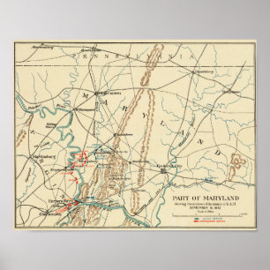 Póster Batalha de Antietam - Mapa Panorâmico da Guerra Ci