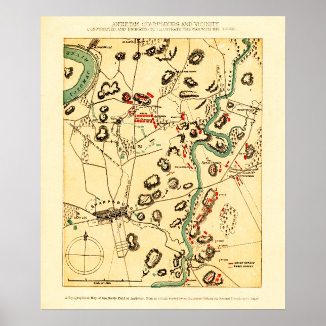 Póster Batalha de Antietam - Mapa Panorâmico da Guerra Ci (Frente)
