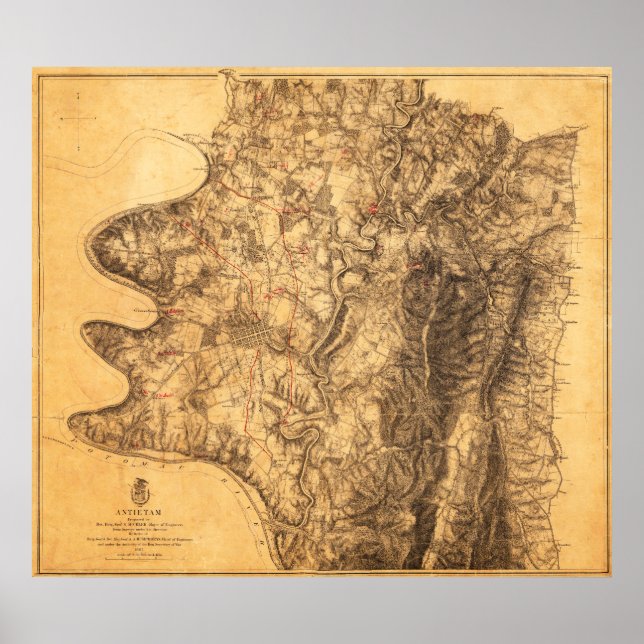 Póster Batalha de Antietam - Mapa Panorâmico da Guerra Ci (Frente)