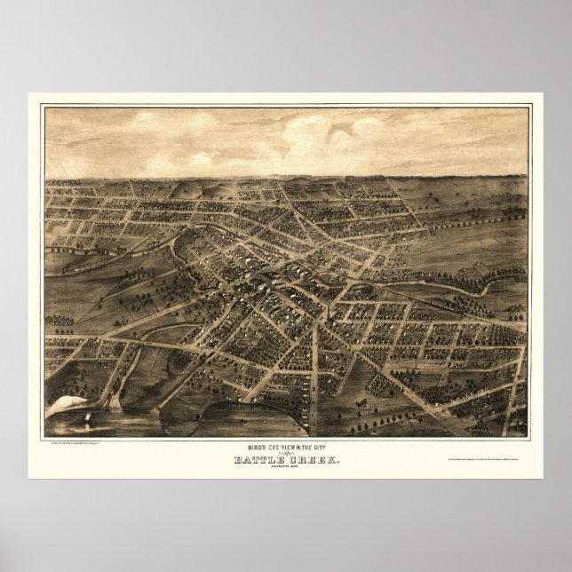 Póster Batalha de Creek, MI Mapa Panorâmico - 1870 (Frente)