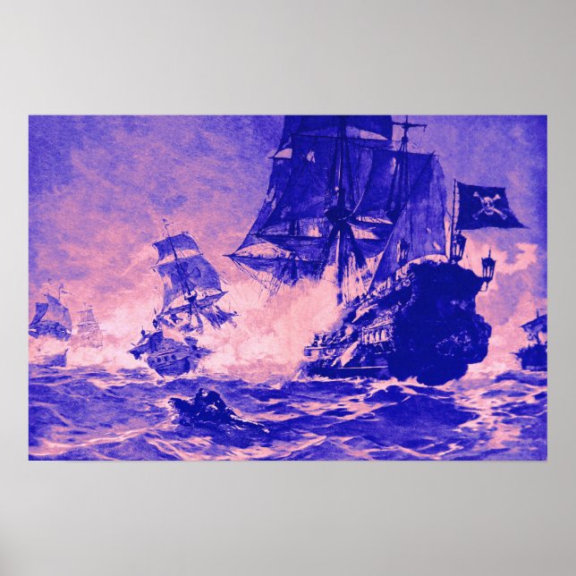 PÓSTER BATALHA DE NAVIO PIRATA EM AZUL E ROSA (Frente)
